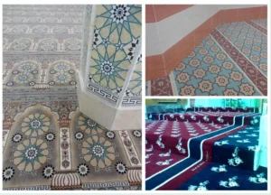 Mosque carpet aligned with Qibla showing perfect prayer row symmetry