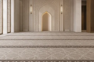 Modern mosque carpet with geometric mihrab pattern in neutral tones