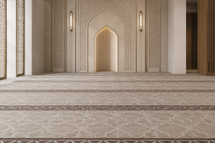 Modern mosque carpet with geometric mihrab pattern in neutral tones